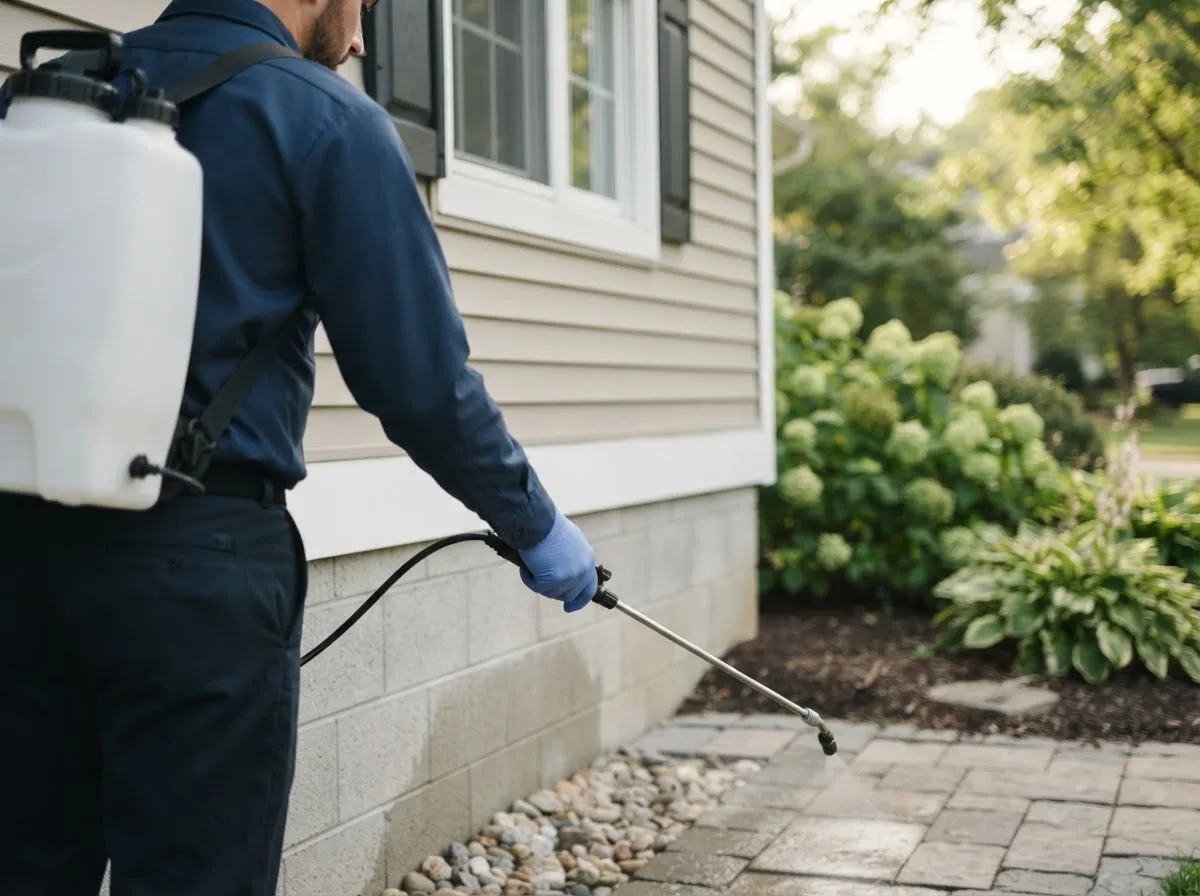 Pest control technician inspecting a home in Fairwater, WI